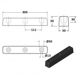 Rectangular Buffer 302L x 50W x 50H  Technical Drawing