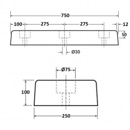 Trapezium Dock Bumper 3 Fixings NRSBR 750L x 250W x 100H Technical Drawing